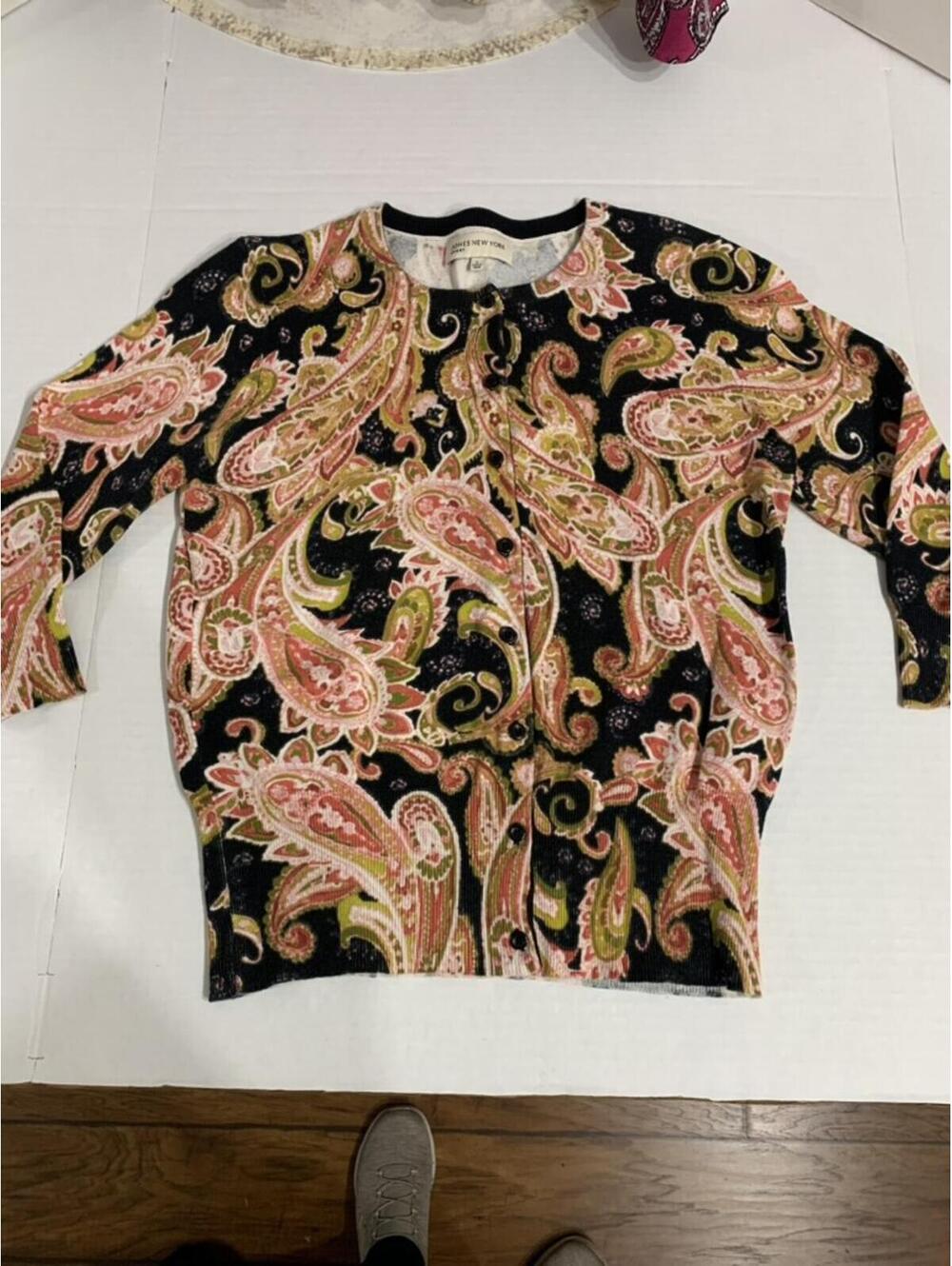 Jones New York Womans Size L Black Paisley Print Cardigan Sweater